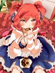  blush breasts bunsuke cleavage eating hair_bobbles hair_ornament headphones highres medium_breasts onozuka_komachi red_eyes red_hair short_hair solo touhou two_side_up 