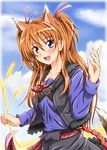  animal_ears blue_eyes blue_shirt blush brown_hair cosplay diesel-turbo eyelashes holo holo_(cosplay) houjou_hibiki koshimizu_ami long_hair look-alike pouch precure seiyuu_connection shirt solo spice_and_wolf suite_precure tail two_side_up wheat wolf_ears wolf_tail 