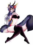  bra clothed clothing female fluffy_tail horn legwear long_tail looking_at_viewer obsidian_(character) pinup plain_background pose sdark391 skimpy solo stockings underwear white_background 