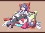  black_hair blue_eyes bow censored cum detached_sleeves disembodied_penis feet footjob full_body gradient_hair hair_bow hakurei_reimu ichiyan letterboxed looking_at_viewer multicolored_hair open_mouth panties penis sitting solo thighhighs touhou translation_request underwear white_panties 