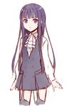  bangs blunt_bangs cravat dress ha-ru inu_x_boku_ss long_hair purple_eyes purple_hair school_uniform shirakiin_ririchiyo solo thighhighs 