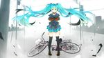  aqua_eyes aqua_hair arms_at_sides basket bicycle bicycle_basket black_legwear blue_skirt floating_hair full_body ground_vehicle hatsune_miku long_hair looking_at_viewer miniskirt neckerchief pigeon-toed pleated_skirt power_lines reflection school_uniform serafuku short_sleeves skirt solo standing thighhighs transformer twintails very_long_hair vocaloid yucco_kxoxc 