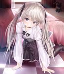  absurdres all_fours bed bed_sheet black_legwear brown_eyes checkered checkered_floor cross cross_necklace dress hair_ribbon high_heels highres jewelry kasugano_sora looking_at_viewer necklace pantyhose ribbon shoes smile solo stuffed_animal stuffed_bunny stuffed_toy twintails wingheart yosuga_no_sora 