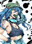  arm_up blue_eyes blue_hair breasts cucumber goggles hair_bobbles hair_ornament hat kawashiro_nitori key looking_up older open_mouth ryuuichi_(f_dragon) sideboob skirt small_breasts solo tank_top tattoo touhou two_side_up 