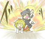  &gt;_&lt; ad all_fours animal_ears arm_up blonde_hair bottle chibi closed_eyes explosion fang mouse_ears mouse_tail multiple_girls nazrin niishiki_kajuu no_nose old_spice open_mouth parody riding silver_hair tail terry_crews toramaru_shou touhou yellow_eyes 