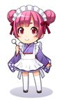  apron chibi double_bun ha-ru japanese_clothes maid maid_headdress mimikaki original pink_hair red_eyes sandals short_eyebrows solo thighhighs 