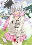  bad_id bad_pixiv_id black_hairband blue_sky blush cherry_blossoms cloud coat day earmuffs gift grass green_eyes hair_between_eyes hair_ribbon hairband heart hill konpaku_youmu konpaku_youmu_(ghost) long_sleeves natadekoko_shou open_mouth petals pink_scarf ribbon scarf short_hair sidelocks silver_hair skirt sky solo touhou tree 