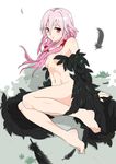  ashuku barefoot censored convenient_censoring feathers feet flat_chest guilty_crown highres long_hair nude pink_hair red_eyes solo twintails wings yuzuriha_inori 