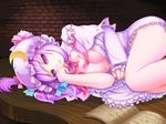  amajita bad_id bad_pixiv_id book breasts cleavage hat lace light_smile lying medium_breasts open_clothes patchouli_knowledge pink_eyes purple_hair seductive_smile smile solo table touhou 