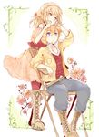  1girl belt blonde_hair blue_eyes boots chair character_request dress flower harvest_moon harvest_moon:_the_tale_of_two_towns purple_eyes xxxx_saki 