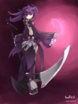  aisha_(elsword) back bad_id bad_pixiv_id boots dress elsword full_body highres holding holding_scythe long_hair looking_back no_nose purple purple_background purple_eyes purple_footwear purple_hair purple_legwear purple_skirt scythe skirt smile solo swd3e2 thighhighs twintails void_princess_(elsword) 
