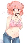  bad_id bad_pixiv_id bra breasts chocolate cleavage denim double_bun doughnut eating food hidamari_sketch highres hiro itou_ayachi jeans large_breasts lingerie looking_away musical_note navel pants pink_bra pink_hair plump red_eyes simple_background solo underwear white_background 