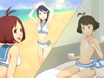  akizuki_ryou arisato_3 bikini blue_eyes blue_hair brown_eyes brown_hair crossdressing dixie_cup_hat hat hidaka_ai idolmaster idolmaster_dearly_stars looking_up lotion male_focus military_hat mizutani_eri open_mouth sailor_bikini sailor_collar sailor_hat sailor_swimsuit_(idolmaster) short_hair smile sunscreen sweatdrop swimsuit 