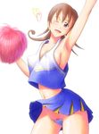  alternate_costume arm_up armpits bonnie_(rsg) breasts brown_eyes brown_hair cheerleader cleavage covered_nipples duel_masters earrings heart jewelry large_breasts midriff navel one_eye_closed open_mouth pom_poms pubic_hair sideboob skirt smile solo tasogare_mimi 