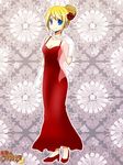  blonde_hair blue_eyes breasts cleavage dress flower gloves hair_flower hair_net hair_ornament high_heels jewelry mochizuki_mina mugen_no_fantasia necklace red_dress red_flower red_rose rose shoes short_hair small_breasts smile solo white_gloves 