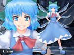  blue_eyes blue_hair bow character_name cirno dress grin hair_bow nazal short_hair smile solo touhou wings zoom_layer 