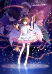  3girls :3 brown_eyes brown_hair camcorder cardcaptor_sakura choker closed_eyes collarbone daidouji_tomoyo dress full_body green_eyes highres hiiragizawa_eriol hoshi_no_tsue kero kieta kinomoto_sakura li_xiaolang long_legs magic_circle magical_girl multiple_boys multiple_girls pink_choker red_ribbon ribbon sakura_card short_hair staff star star_choker thighhighs tsukishiro_yukito wand white_wings wings 