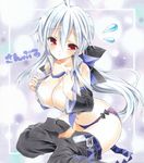  ahoge ayuayu bad_id bad_pixiv_id belt blush bow breasts cleavage detached_sleeves hair_bow large_breasts long_hair navel no_bra panties ponytail red_eyes sample silver_hair solo tears traditional_media underwear undressing vocaloid yowane_haku 