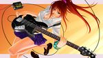  bangle bass_guitar bracelet breasts cable cleavage fender fenrir_(fenlil0316) green_eyes instrument jewelry long_hair medium_breasts mouth_hold music original playing_instrument pleated_skirt plectrum ponytail red_hair scrunchie shirt shoes_removed skirt solo 