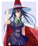  blue_eyes blue_hair border bow breasts cape hat kagari_ayaka large_breasts long_hair pleated_skirt school_uniform shirt skirt solo takanashi-a taut_clothes taut_shirt thighhighs witch_craft_works witch_hat 