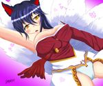  1girl ahri animal_ears blue_hair blue_panties blush bow bow_panties breasts cameltoe fox_ears heart league_of_legends long_hair lying multiple_tails on_back panties solo tail underwear yellow_eyes 