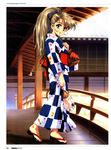  blonde_hair blue_eyes checkered fan geta highres japanese_clothes kawarajima_kou kimono kinchaku long_hair ponytail ribbon yukata 