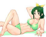 arm_behind_head arm_support bikini blush bow breasts crossed_legs eyelashes front-tie_top green_eyes green_hair hair_bow large_breasts lying midorikawa_nao navel older on_side ponytail precure shiny shiny_skin sitting smile smile_precure! solo swimsuit ueyama_michirou 