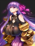  1girl bangs bare_shoulders belt blush breasts cleavage collar eyebrows_visible_through_hair fate/extra fate/extra_ccc fate/grand_order fate_(series) hair_ribbon highres huge_breasts large_breasts lips long_hair o-ring o-ring_top open_mouth passion_lip piromizu purple_eyes purple_hair purple_ribbon ribbon solo tears teeth 