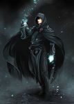  black_hair boots cape glowing glowing_eyes highres hood jace_beleren magic:_the_gathering male_focus matsuda_nanao solo 