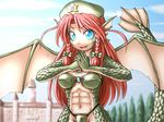  abs blue_eyes braid braids crossover dragon_ears dragon_girl dragon_tail dragon_wings fusion granberia hat hong_meiling long_hair looking_at_viewer mon-musu_quest! monster_girl red_hair ribbon scales scarlet_devil_mansion sdm shirosato smile tail touhou twin_braids wings 