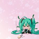  &gt;_&lt; ahoge android aqua_hair bare_shoulders boots chibi clenched_hand closed_eyes detached_sleeves fenrir_(fenlil0316) hatsune_miku long_hair necktie sitting skirt solo spring_(object) spring_onion tears thigh_boots thighhighs translated twintails very_long_hair vocaloid 
