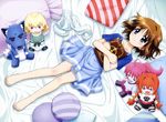  &gt;:) :d absurdres barefoot bed book book_hug character_doll detexted dress fang feet hair_ornament highres holding holding_book lying lyrical_nanoha mahou_shoujo_lyrical_nanoha mahou_shoujo_lyrical_nanoha_a's mahou_shoujo_lyrical_nanoha_the_movie_2nd_a's official_art open_mouth pillow shamal signum smile solo tamaki_shingo third-party_edit v-shaped_eyebrows vita x_hair_ornament yagami_hayate zafira 