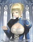  ahoge artoria_pendragon_(all) blonde_hair breasts cleavage dress fate/stay_night fate/zero fate_(series) green_eyes k+ medium_breasts partially_submerged saber solo water 