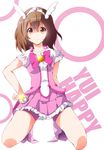  bike_shorts brown_eyes brown_hair cosplay cure_happy cure_happy_(cosplay) hirasawa_yui k-on! kneeling no_choker pink_shorts pink_skirt precure short_hair shorts shorts_under_skirt skirt smile_precure! solo suzumeko white_background 