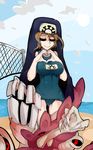  beach blonde_hair breasts closed_eyes double_(skullgirls) extra_mouth eyelashes heart heart_hands large_breasts monster nun one-piece_swimsuit school_swimsuit skullgirls slugbox smile solo swimsuit volleyball_net 