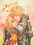  1girl alpha_patroklos blonde_hair blue_eyes brother_and_sister closed_eyes gloves heart hug hug_from_behind morito_leaf9 open_mouth patroklos_alexander pyrrha_alexandra pyrrha_omega siblings soulcalibur soulcalibur_v traditional_media watercolor_(medium) wince 