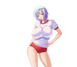  1girl bloomers blue_hair breasts buruma gym_uniform huge_breasts kyonyuu_majo mound_of_venus no_bra short_hair short_shorts shorts simple_background solo tenma_yuria transparent_background underwear waffle 