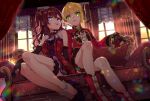  2girls anklet black_footwear black_gloves blonde_hair blue_eyes boots brown_hair butterfly_hair_ornament couch dress elbow_gloves from_below gloves green_eyes hair_ornament hamada_(super_tachioyogi_kyousou) high_heels ichinose_shiki idolmaster idolmaster_cinderella_girls jewelry long_hair looking_at_viewer miyamoto_frederica multiple_girls neck_ribbon open_mouth red_dress red_footwear ribbon short_dress short_hair side_ponytail sitting sleeveless sleeveless_dress smile striped striped_ribbon thigh_strap window 