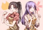  2girls :d apron black_hair blue_eyes clenched_hand emiya-san_chi_no_kyou_no_gohan fate_(series) grey_shirt hair_ribbon highres long_hair long_sleeves looking_at_viewer matou_sakura multiple_girls open_mouth pink_background ponytail print_apron purple_eyes purple_hair red_ribbon red_shirt ribbon sh22 shiny shiny_hair shirt short_sleeves smile tohsaka_rin upper_body very_long_hair yellow_apron 