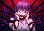  1girl :d absurdres black_ribbon blood blood_on_face bloody_tears bug butterfly fate/stay_night fate_(series) hair_between_eyes hair_ribbon head_tilt highres insect long_hair looking_at_viewer matou_sakura mazeru_(oekaki1210) open_mouth purple_eyes purple_hair red_ribbon ribbon shiny shiny_hair shirt short_sleeves smile solo upper_body white_shirt 