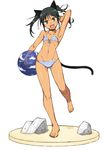  animal_ears aqua_eyes armpits ball barefoot bikini black_hair cat_ears cat_tail choker fang faux_figurine figure_stage flat_chest francesca_lucchini front-tie_top full_body head_tilt komusou_(jinrikisha) legs_up navel open_mouth rock simple_background solo strike_witches striped striped_bikini swimsuit tail twintails world_witches_series 
