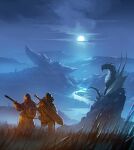  2others absurdres bangs cloud commentary dragon english_commentary grass highres holding holding_instrument hood hood_up instrument kalmahul long_hair long_sleeves mask missing_limb moon moonlight mouth_mask multiple_others night original outdoors river skirt sword weapon weapon_on_back wings 