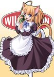  ahoge animal_ears apron blonde_hair blue_eyes blush bottle breasts cat_ears cat_tail dress english long_hair maid maid_apron open_mouth original pudding_(tongpoo) pudding_(tonpuu) purple_eyes ribbon short_twintails smile solo tail tonpuu twintails waitress 