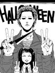  1girl bad_id bad_pixiv_id black_hair closed_eyes copyright_name double_v empty_eyes expressionless greyscale halloween_(movie) height_difference knife long_hair michael_myers monochrome sasaki_(sid328) smile v 