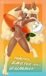  anthro basket bikini breasts brown brown_fur buckteeth cleavage clothed clothing easter egg female floppy_ears fur hair hindpaw holidays lagomorph long_ears long_hair looking_at_viewer lopunny mammal nintendo open_mouth paws pok&#233;mon pok&#233;morph pok&eacute;mon pok&eacute;morph rabbit simple_background skimpy smile solo standing swimsuit takipsilim teeth video_games white white_hair 