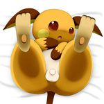  balls brown_eyes butt cub hindpaw legs_in_air legs_up looking_at_viewer lying male nintendo nude on_back paws penis pok&#233;mon pok&eacute;mon raichu schnecken sheets solo uncut video_games young 