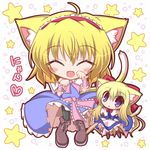  ahoge alice_margatroid animal_ears apron blonde_hair blue_dress blue_eyes blush bow capelet cat_ears cat_tail cat_teaser chibi closed_eyes dress hair_bow hairband kemonomimi_mode komakoma_(magicaltale) long_hair matching_shanghai nyan open_mouth paw_pose sash shanghai_doll short_hair smile solo star tail touhou waist_apron wrist_cuffs 