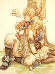  1girl against_tree blonde_hair blue_eyes blush boots breasts brother_and_sister gloves hug medium_breasts morito_leaf9 patroklos_alexander pyrrha_alexandra siblings sitting skirt sleeping soulcalibur soulcalibur_v thigh_boots thighhighs traditional_media translated tree wariza watercolor_(medium) 