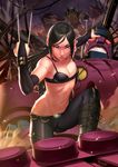  1girl battle black_hair blue_eyes boots breasts bridal_gauntlets claws cleavage dcwj highres lips long_hair marvel mecha muscle navel robot sentinel_(x-men) small_breasts when_you_see_it wolverine x-23 x-men 