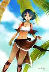  ahoge blue_eyes blue_hair bob_cut bracelet cross-laced_sandals dutch_angle earrings fushigi_no_umi_no_nadia hair_ornament hairclip hoop_earrings jewelry loincloth midriff nadia neck_ring necklace palm_tree pelvic_curtain short_hair skirt skirt_lift smile solo strapless tan tree tubetop vest wind yumeru_pesuko 